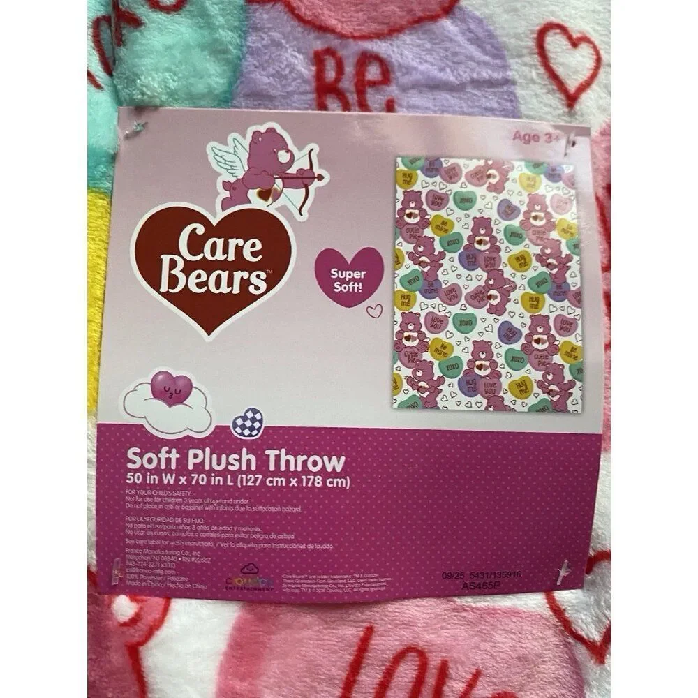 Care Bears Love A Lot Bear Throw Blanket 50 X 70” Conversation Hearts Valentines